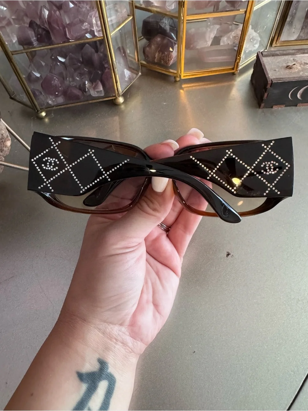 CHANEL5080-B Brown Crystal-Accented Tortoise Sunglasses